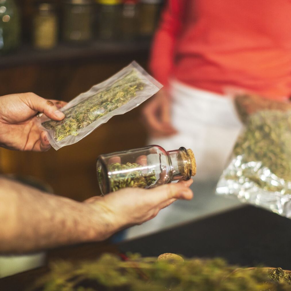 man selecting options at oshawa cannabis store